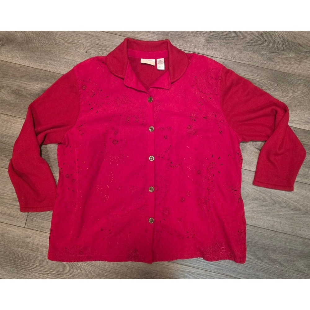 Alfred Dunner 24W Shacket Red Faux Suede Eyelet Knit Button Front cutout